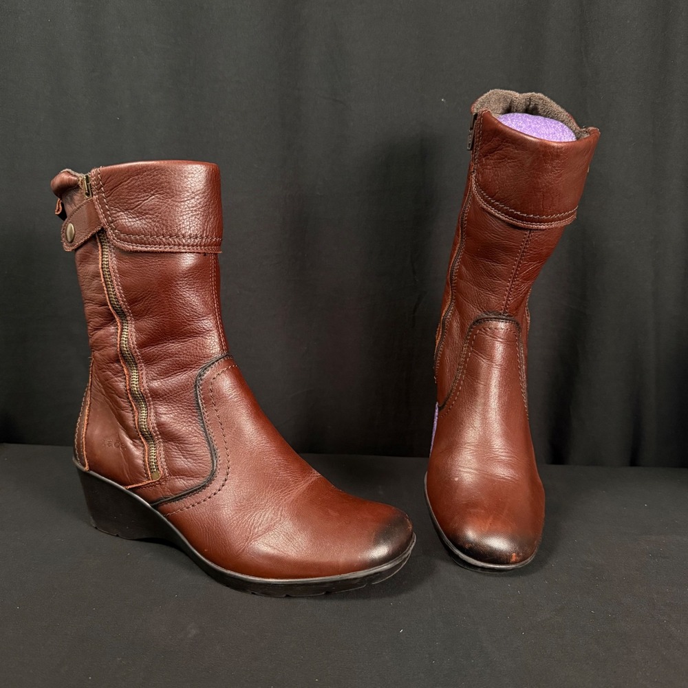 Taos Luxe Mid Calf Leather Wedge Boots Burnished Round Toe Side Zip Womens 41